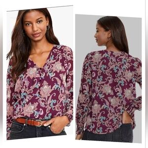 2213) LOFT Maroon Paisley Smocked Ruffle V-neck Long Sleeve Blouse Size Medium